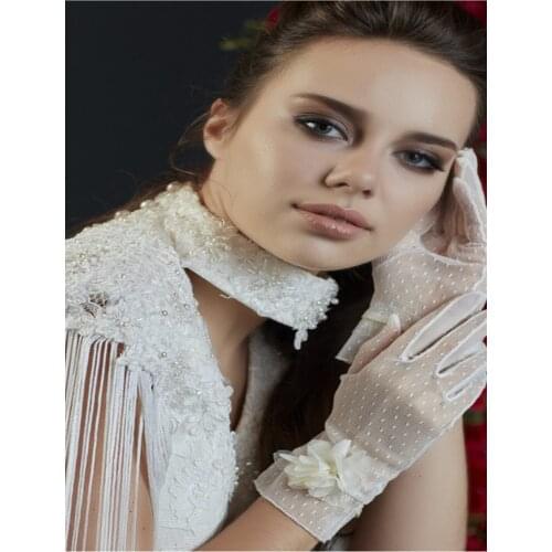 Bridal Gloves Polka Dot Tulle Gloves White Tulle Bridal Gloves Floral Embroidered Elegant Bridal Gloves Fingered Gloves