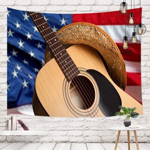 Rustic Country Western Music Tapestry Custom, Guitar and Cowboy Hat on American Flag
