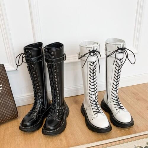 Gothic Lolita Girl Women Motorcycle Punk Shoes Lady Mid Heels Lolita Boots Woman Martins Pumps Lace Up Cosplay Genuine Leather