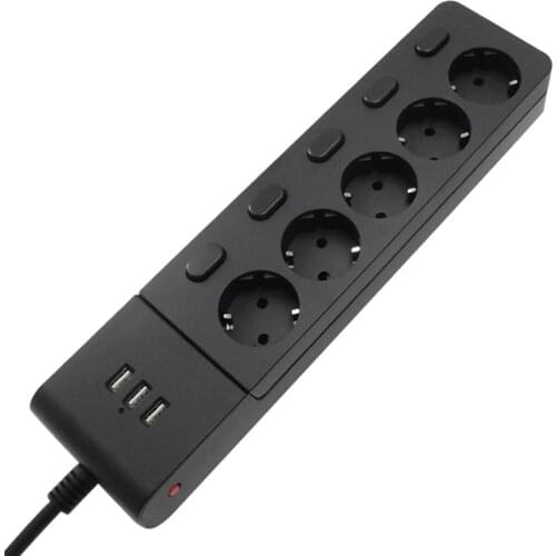 Multiple Power Strip Surge Protection EU Plug Electrical Extension Sockets USB 5 way Outlets Independent Switch Control 2m Cord