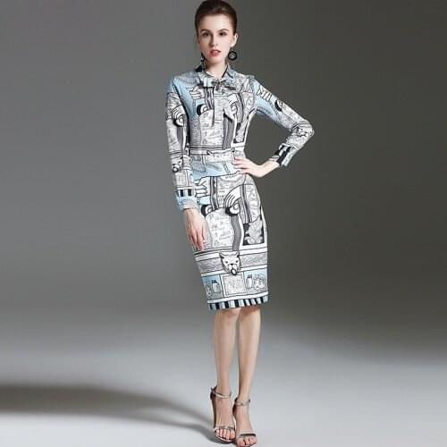 High Quality New 2017 Fashion Designer amazing Suit Set Womens Clothes Set 2 Piece Bow collar Printed Tops + Casual Skirt Set