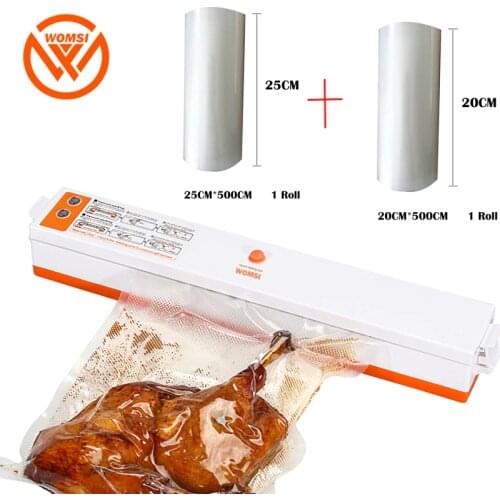 WOMSI 220V/110V Household Food Vacuum Sealer Packaging Machine Film Sealer Vacuum Packer 20X500CM 1ROLL And 25*500CM 1ROLL