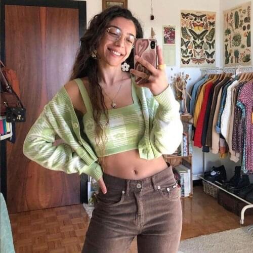 Y2K Flowers Knitted T-shirt Fairycore Cardigans Sweaters Women Autumn Long Sleeve Button Slim Tops Streetwear Casual Vintage