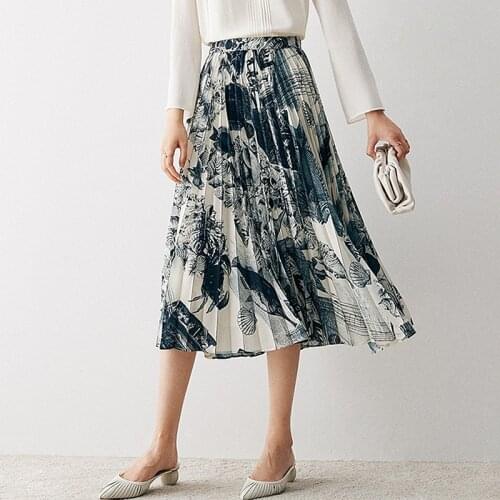 Pleated Skirts Women 100% Polyester Design High Waist Fish Printed Mid-Length Skirt Flowers Elegant Style New Fashion