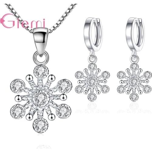 925 Sterling Silver Bridal Jewelry Set For Women Pendant Necklace Hoop Earrings Classic Snow Design Wedding Engagement