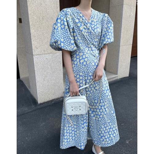 2021 Summer Korean Chic Women Fashion Lace Up Slim V-Neck Lantern Sleeves Loose Printing Casual A Line Long Dresses