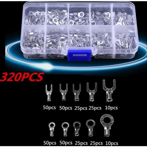 320Pcs Ring Fork U-type Brass Terminals Non-Insulated Cable Wire Connector Crimp Spade Terminals Assorted set