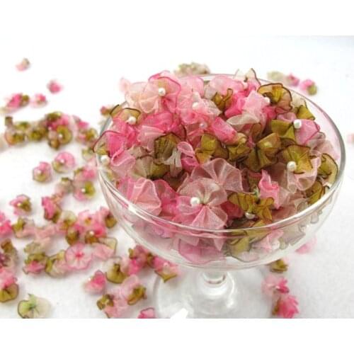 50 Pieces 5/8 Inch Chiffon Ombre Fan Shape Pearl Center Flowers|Brown and Pink Ombre|Flower Applique Decoration|Floral