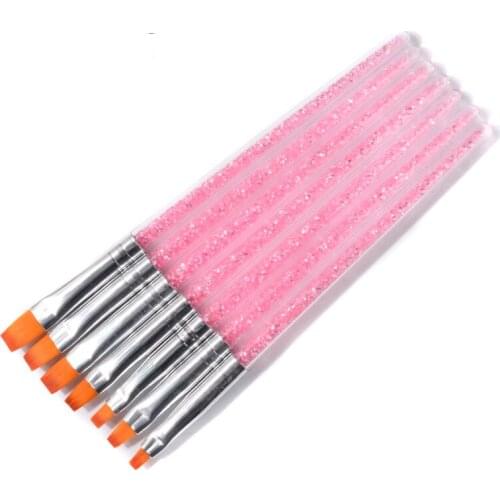 7pcs Pink Rhinestones Handle And Nylon Hair Nail Art Brush Pen UV Gel Polish Painting Drawing Design Manicure Accessory