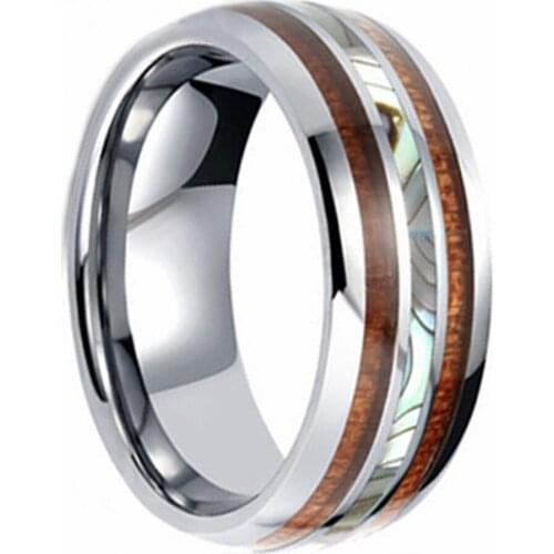 8mm Stainless Steel Ring Inlay Hawaiian Koa Wood Abalone Shell Wedding Band Ring for Men Jewelry Comfort Fit Size 6-13