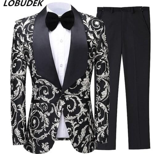 England Style Mens Wedding Suits 2-Pieces High-end Jacquard Blazer Tuxedo Prom Evening Singer Host Stage Costume Groom Suit