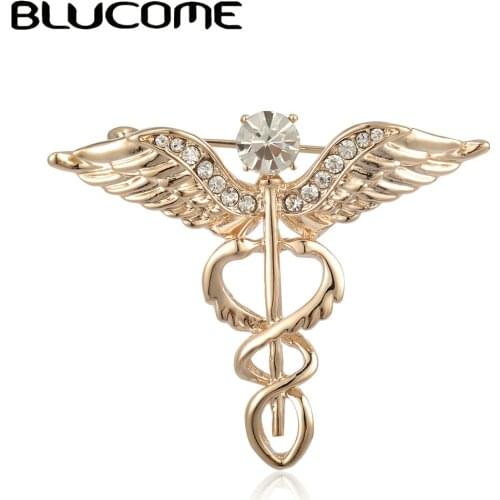 Blucome Crystal Rhinestone Double Snake Wing Shape Brooch Badge Gold color Medical Style Doctor Nurse Coat Decoration Suit Pins