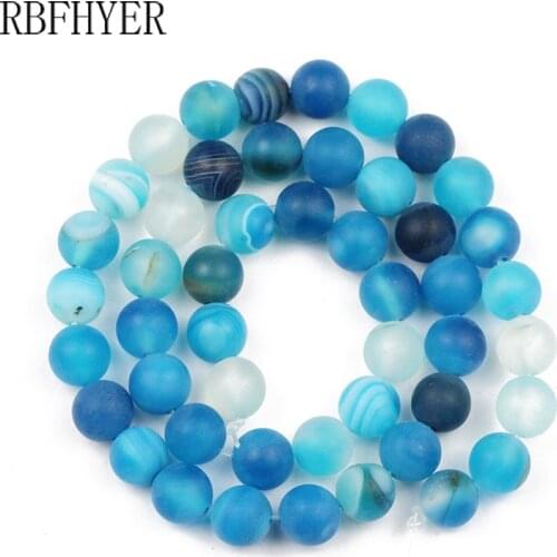 RBFHYER Round Matte Lake Blue Stripe Carnelian Beads Spacer Loose Beads DIY Bracelet Necklace Jewelry Making 6/8/10MM