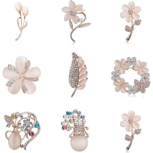 Flower Brooches Hot Selling Fashionable Opal Stone Flower Plant Brooch Pin Dress Suit Accessories Birthday Gift Wedding Jewelry