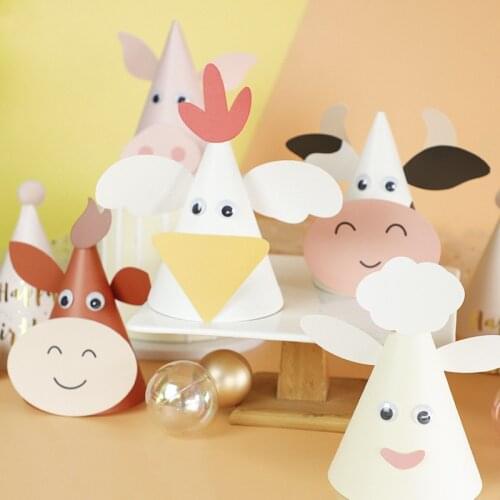 5pcs Farm Animals Paper Hat DIY Birthday Party Decor Kids Children Props for Outdoor Activities Rabbit Sheep Chick Conical Cap