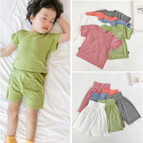 Kids Summer Pajamas Children Short Sleeve top+pants Sleepwear Solid Casual Baby Boys Girls Sets Cotton Soft Nightwear Clothes