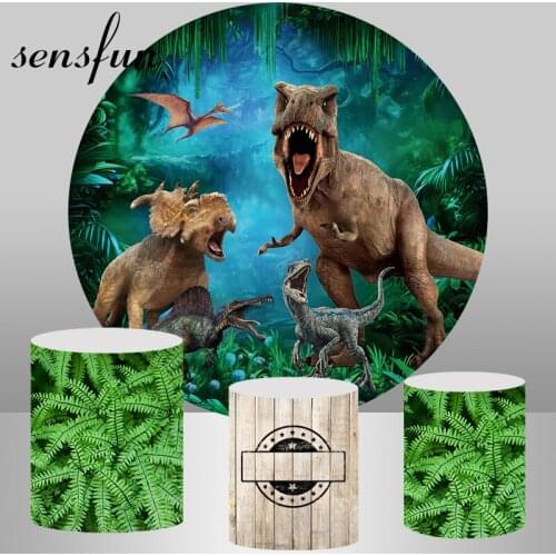 Round Circle Jurassic Dinosaur Party Photography Backdrop Kids Safari Jungle Birthday Party Background Photo Studio Plinth Cover