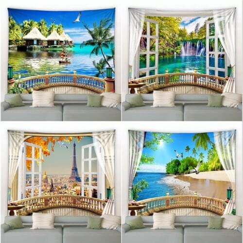 Blue Ocean Window Tapestry Hippie Beach Coconut Tree Forest Waterfall Wall Hanging Tapestries Rugs Carpet Bedroom Decor Blanket