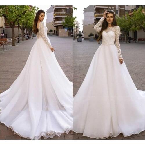 Organza Princess Lace Wedding Dress 2021 Long Sleeve Bridal Gowns Backless Robe De Mariee HoT Sale