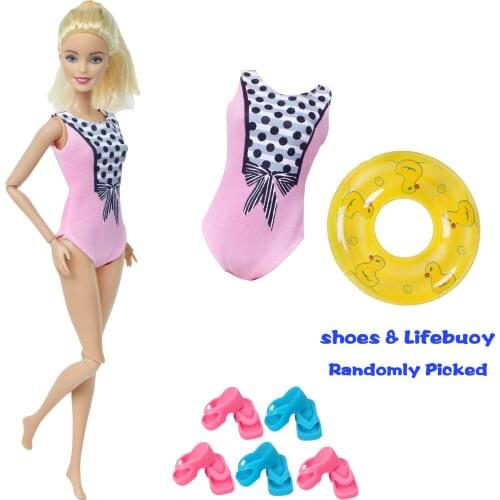 Doll Swimsuit Pink Bow-knot Bikini + 1x Random Swim Ring + 5x Mixed Pink Blue Slippers Shoes Clothes for Barbie Doll Accessories