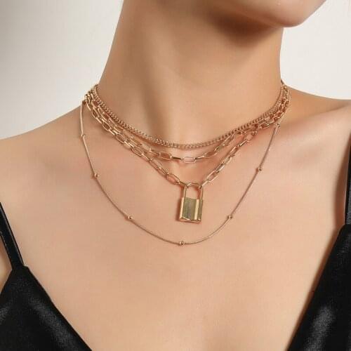 Punk Multilayer Thick Chains Lock Pendant Choker Necklaces for Women Vintage Geometric Beads Chains Colar Necklace Jewelry Gift