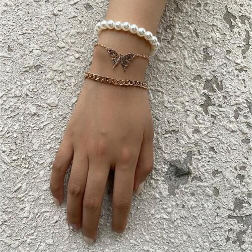 3Pcs Of Golden Butterfly Charm Bracelet Set Punk Wide Wrap Arm Bracelett Cuffs Imitation Pearl Beaded Bracelete Jewelry