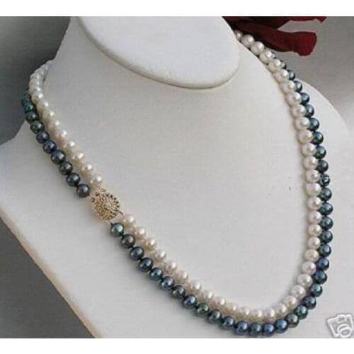 Charming 2 rows 7-8mm Black & White Freshwater Cultured Shell Pearl Necklace Beads Jewelry earring gift