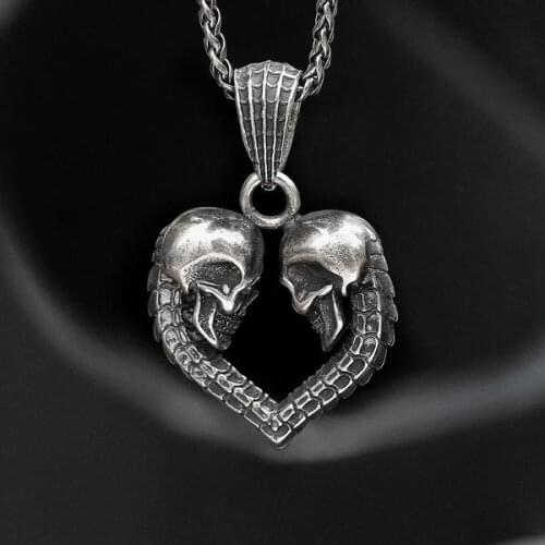 Wholesale Unique Double Skull Heart Men Necklace Pendant Fashion Unisex Jewelry Gothic Couple Pendants Boyfriend Gift