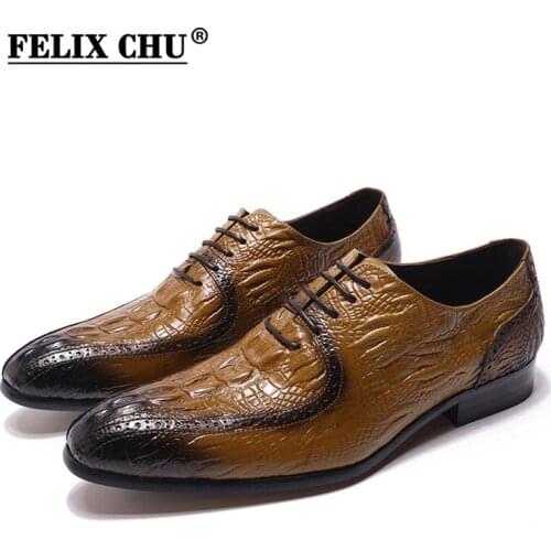 Fashion Mens Oxford Shoes Genuine Leather Classic Crocodile Alligator Print Pointed Toe Lace Up Dress Shoes for Men