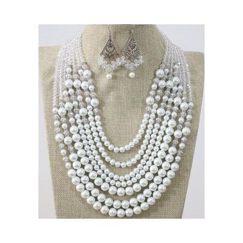 Eternal wedding Ladies mujer Multicolored round pearl shell Abacus crystal beads 5-6row Design Necklace Earrings set suit