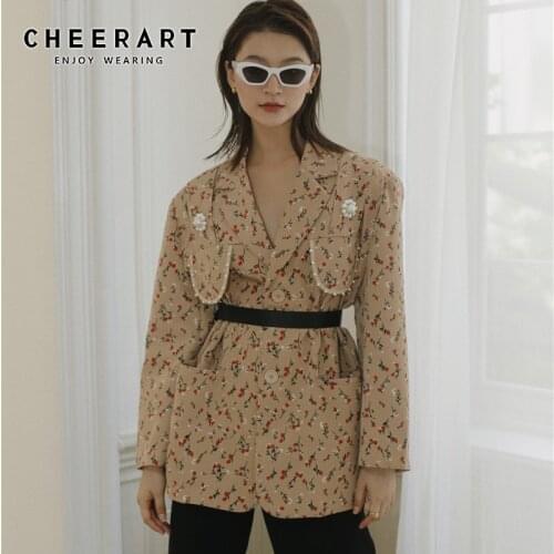 CHEERART Vintage Floral Blazer Women Khaki Pearl Patch Designer Jacket Autumn Fashion 2020 Button Blazer Coat Suit Ladies