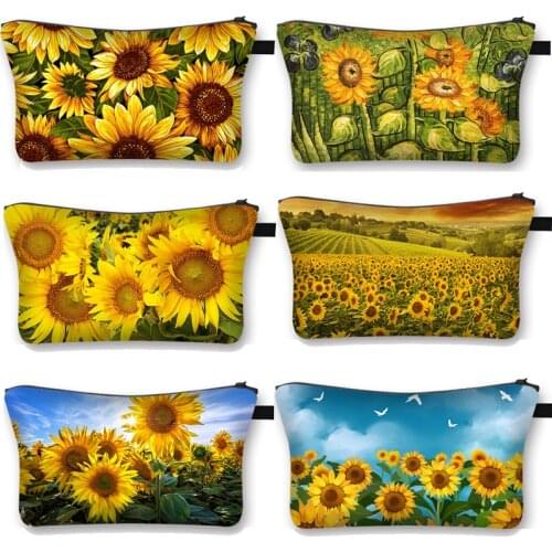 Yellow Sunflower woman mini Waterproof Makeup Bag Fashion multicolour Cosmetic Case girls toiletry bags Gift Travel Organizer
