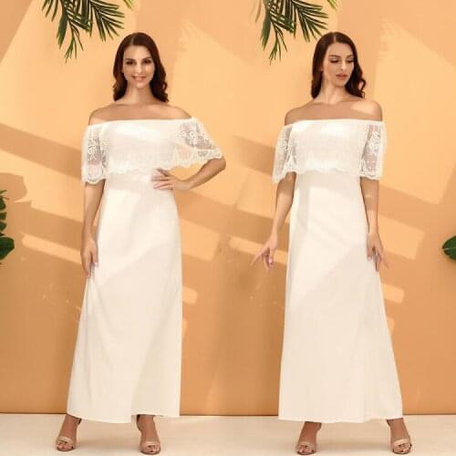 2021 Summer Elegant White High Waist Backless One Shoulder Hook Flower Hollow Lace Dress Slash Neck Women Dresses Fashion
