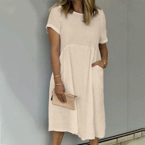 Women Summer Shirt Dresses Plus Size S-5XL 2021 New Casual Loose Party Robe Short Sleeve Vintage Linen Sundress Pleated Vestido