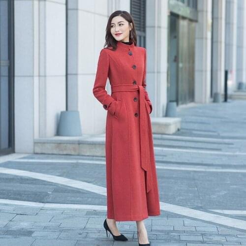 Vintage New Business Women Office Single Breasted Woolen Super Long Coat Wool Blend Overcoat Belted Stand Collar Military Trench