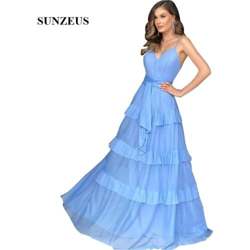 2020 Wedding Bridesmaid Dress Floor Length Long Blue Chiffon Party Dress With Ruffles A-line Spaghetti Straps Wedding Guest Gown