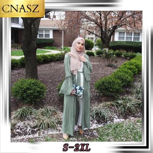 Elegant Muslim Womens 2019 Autumn New Fashion Pleated Trumpet Sleeve Dubai Cardigan Robe Islamic Bangladesh Abaya Turkish Robe