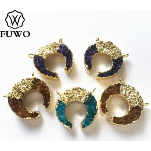 FUWO Natural Druzy Crescent Pendant With Gold Trimmed Fashion Double Loops Crystal Cluster Pendant For Necklace Making PD236