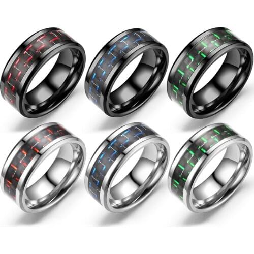 YWSHK Engravable 8mm Mens Stainless Steel Ring Inlay Red Green Blue Carbon Fiber Ring Wedding Band Jewelry Size 6-13 Wholesale