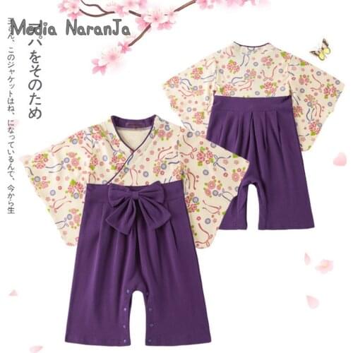 Girls' Summer Long-Sleeved Baby Jumpsuit Japanese-Style Bow Purple Romper Crawling Clothes Printed Kimono