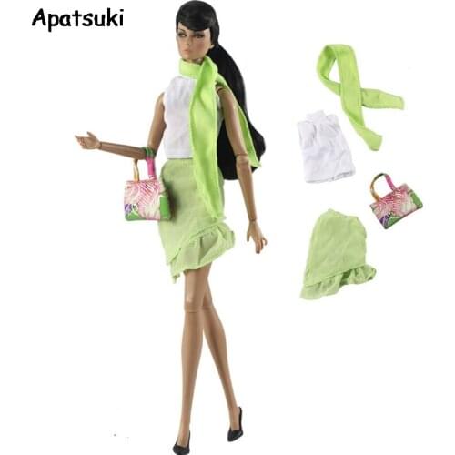 1Set Green Outfits Clothes Sets for Barbie Doll Outfits White Tops Shirt Mini Skirt Scarf Handbag Purse 1/6 BJD Doll Accessories