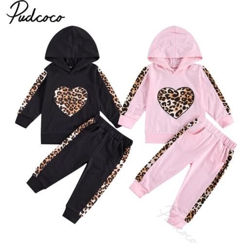 2 Pcs Infant Leopard Print Outfits, Baby Heart Pattern Long Sleeve Hoodie + Trousers Pockets Patchwork 1-5Y Spring Autumn