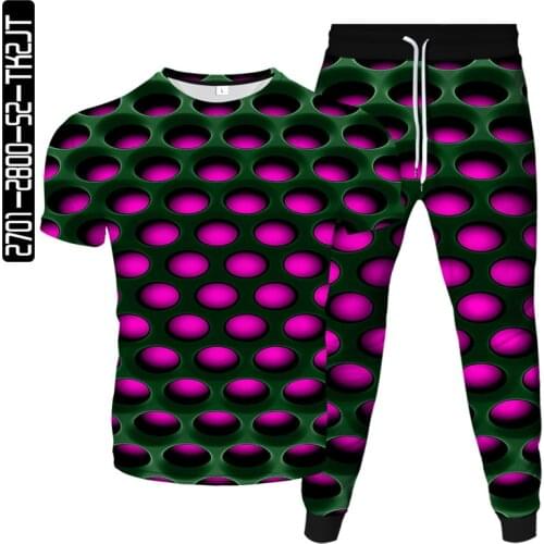 Mens printed 3D geometric round hole short-sleeved T-shirt + 3D pants shirt printed casual fashion brand T-shirt two-piece suit