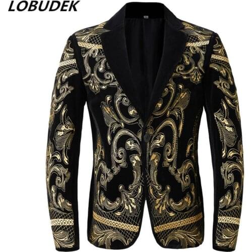 Mens Black Velvet Embroidered Floral Blazer Stage Singer Costume England Style Male Vintage Court Coat Casual Suit Jacket 3XL
