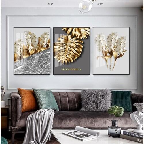 Nordic Golden abstract leaf flower Wall Art Canvas Painting Black white feathers Print Wall Picture for Living Room Decor