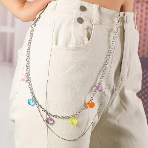 New Fashion Transparent Candy Color Heart Pendant Keychain Pant Chain Punk Silver Color Double Chain Women Girls Trousers Chain