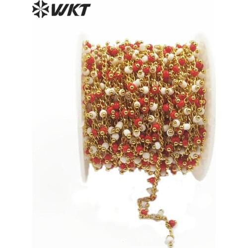 WT-RBC126 Wholesale 5 meters Natural Stone Chain 3mm Beads Chain With Gold Electroplated Rosary Chain For Jewelry Making