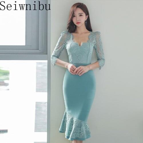 Summer Elegant Lace Patchwork Office Dress Women V-neck High Waist Sheath Mermaid Dresses New Korean Party Vestidos