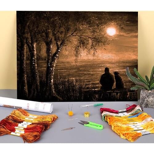 Natural Scenery Moon Watching Printed Canvas 11CT Cross-Stitch Set DIY Embroidery DMC Threads Handmade Hobby Craft Stamped