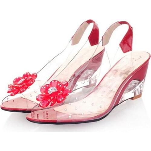Transparent Women Wedges Sandals High Heels Summer Shoes Floral Peep Toe Sandals Jelly Shoes Woman Big Size Shoes 34-43 XKD4283